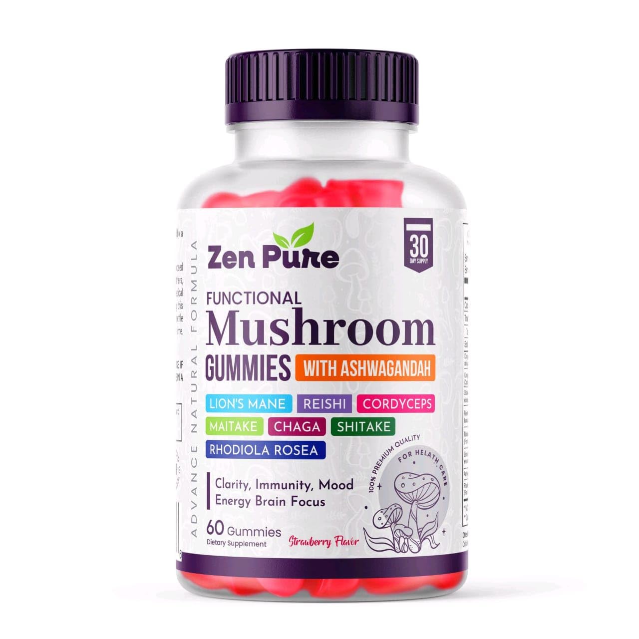 Mushroom Gummies with Ashwagandha – 8 Functional Mushrooms with Lion’s Mane, Reishi, Cordyceps, Chaga – Focus, Immunity, Calm – Sugar-Free, Vegan. (Strawberry Flavor – 60 Gummies)