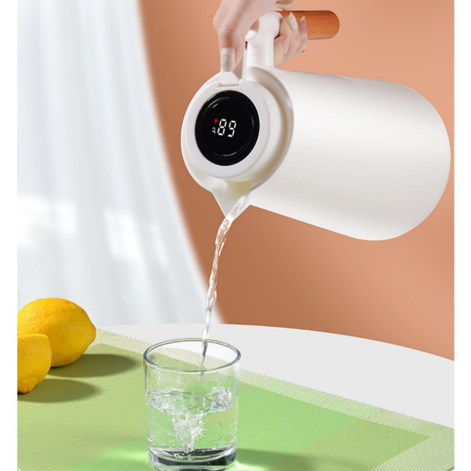 Caraffa termica intelligente con display della temperatura, 963,9 g, con rivestimento in vetro sottovuoto, caraffa termica a pressione per acqua, caraffa per caffè con manico in legno, caraffa per