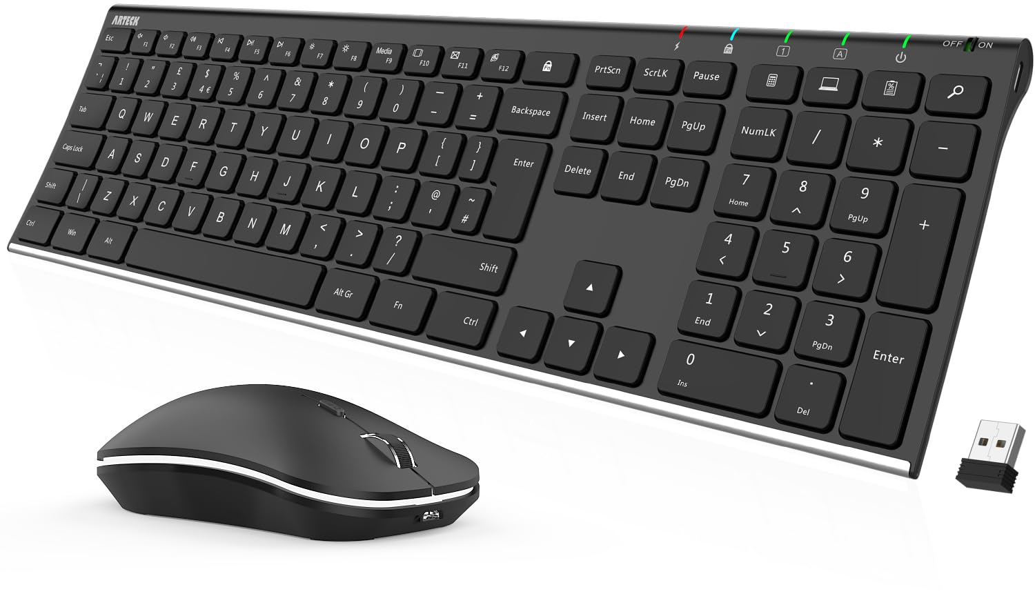 Arteck 2.4G Wireless Keyboard and Mouse Combo Stainless Steel Ultra Slim Full Size Keyboard and Ergonomic Mice for Computer Desktop PC Laptop and Windows 10/8/7 Build in Rechargeable Battery