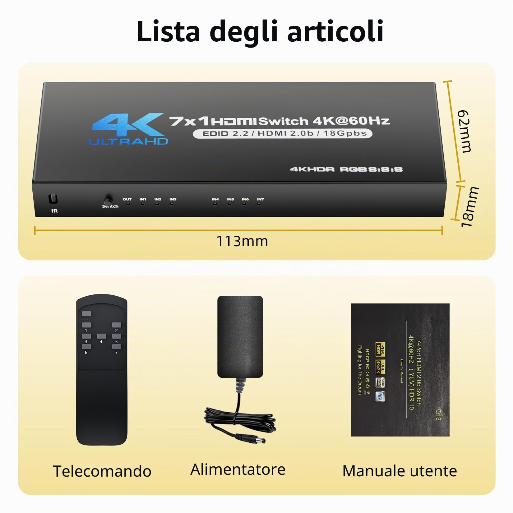 BolAAzuL Switch HDMI 7 in 1 Out 4K a 60Hz, selettore commutatore video con telecomando per 7 ingressi, supporto 3D, HDCP2.2, HDR per PS5, Xbox Series X, HDTV, PC