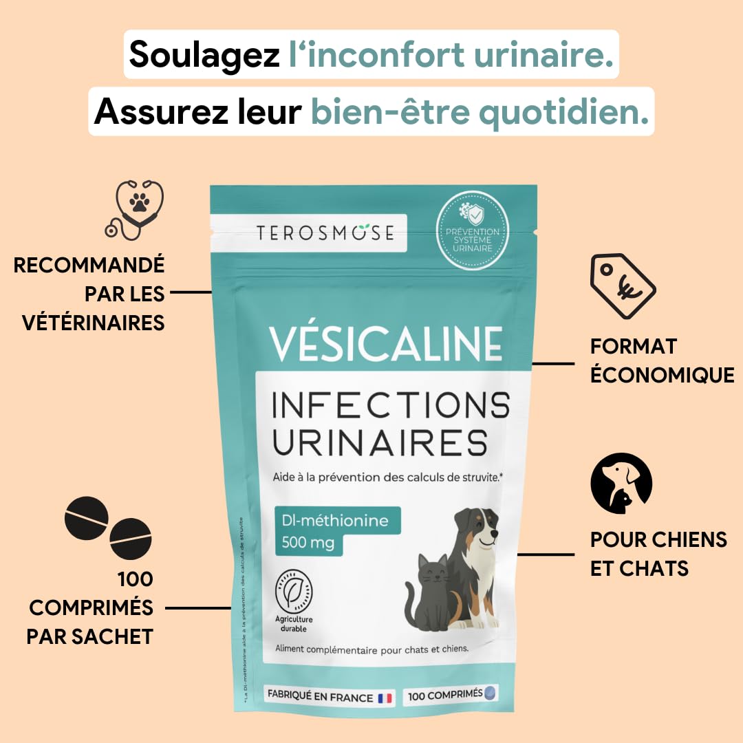 Vesicaline • Soulagement & Prévention des Infections Urinaires chez Chats & Chiens | Formule Vétérinaire pour Vessie Saine et Voies Urinaires Sereines | DL-méthionine | 100 Comprimés