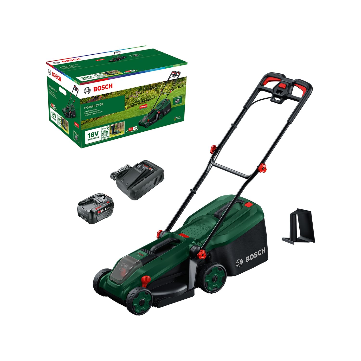 Bosch Cordless Lawn Mower ROTAK18V-34 (Cutting Width: 34 cm, Height of Cut: 25-65 mm, 35 l Fabric Grass Bag, Mulch plug, incl. Battery and Charger)