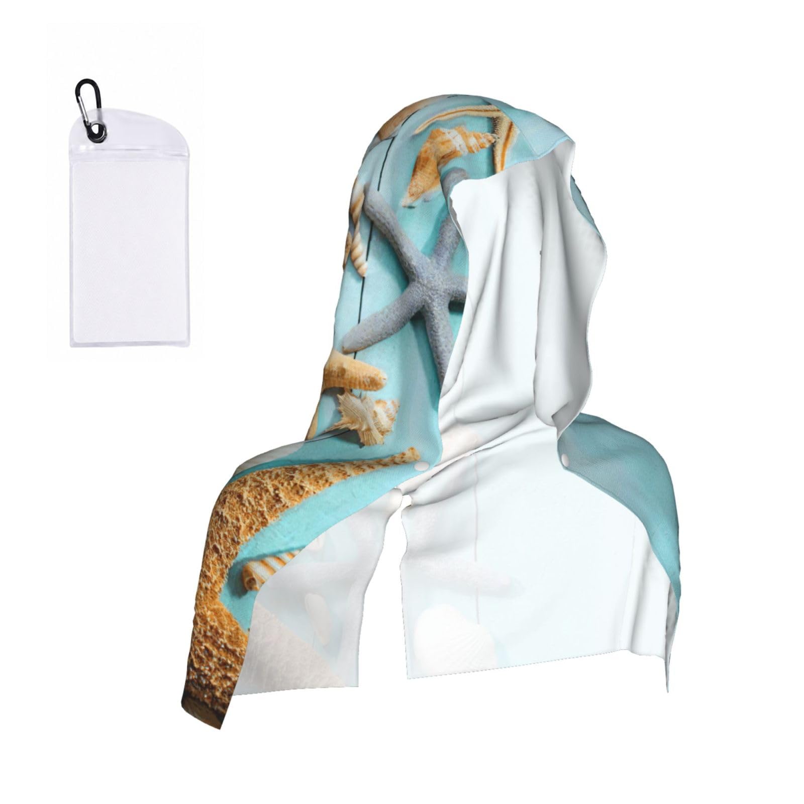 DUWAA Ocean Sea Seashell Starfish Print Reusable Hoodie Cooling Neck Wrap, Hot Weather Outdoor Sports Workout Head Towel For Stay Chill