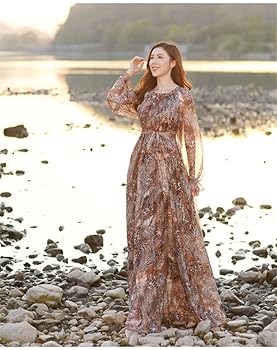 【RONRON】24ss FLORAL LONG SLEEVE Ladies Chiffon Long Sleeve Long Dress Bohemiann Plus Size