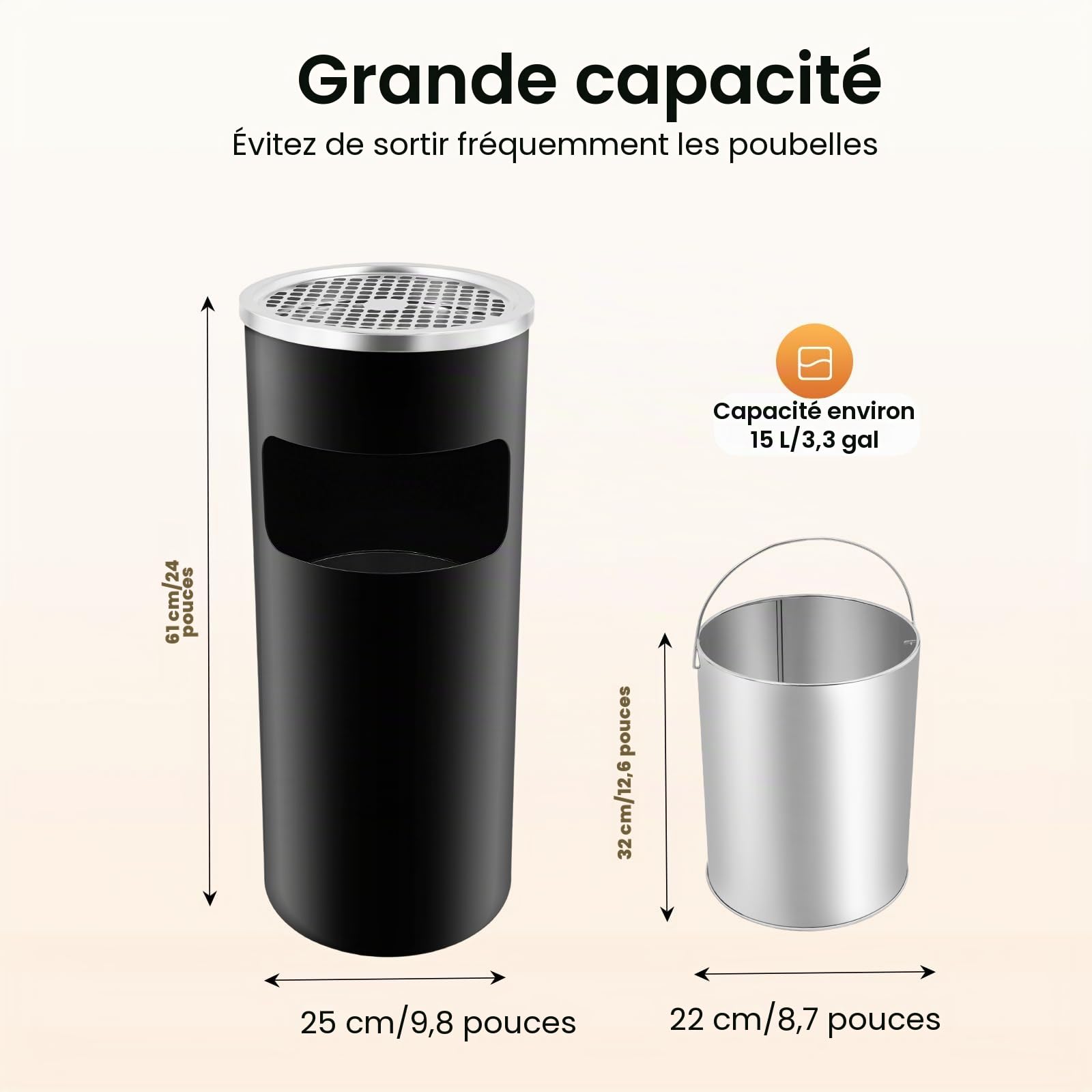 Poubelle en acier inoxydable de 30 litres, cendrier debout, poubelle, poubelle intérieure amovible, poubelle en acier pour bureau, hôtel et jardin (noir)