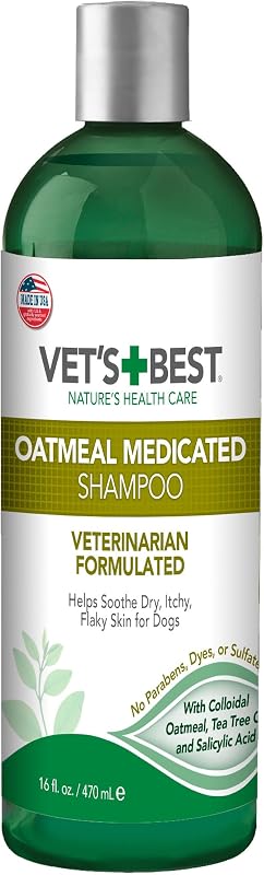Vet's Best Medicated Oatmeal Dog Shampoo with Aloe & Tea Tree Oil, 16 oz | Medicated Oatmeal Shampoo with Aloe, Tea Tree Oil & Vitamin B5, Soothes Dry Itchy Skin, Moisturizes & Conditions Coat