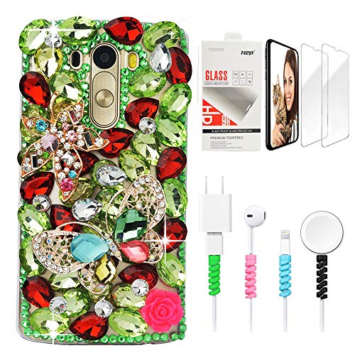 STENES Bling Phone Case Compatible with LG Stylo 5 / Stylo 5V / Stylo 5 Plus - Stylish - 3D Handmade Sparkle Series Maple Leaf Butterfly Design Cover with Screen Protector & Cable Protector - Green