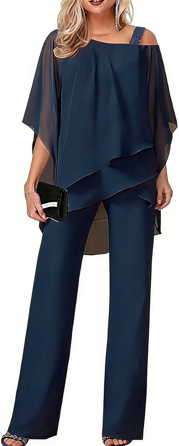 Women's 2 Piece Outfits,Cold Shoulder Batwing Sleeve Chiffon Top&Wide Leg Pants Set,Casual Irregular Hem Party Suits