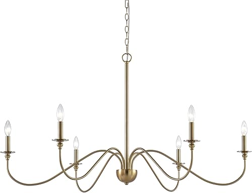 Kira Home Archer - Candelabro moderno grande de 47 pulgadas con 6 luces + brazos curvos, altura ajustable para colgar, acabado de latón frío