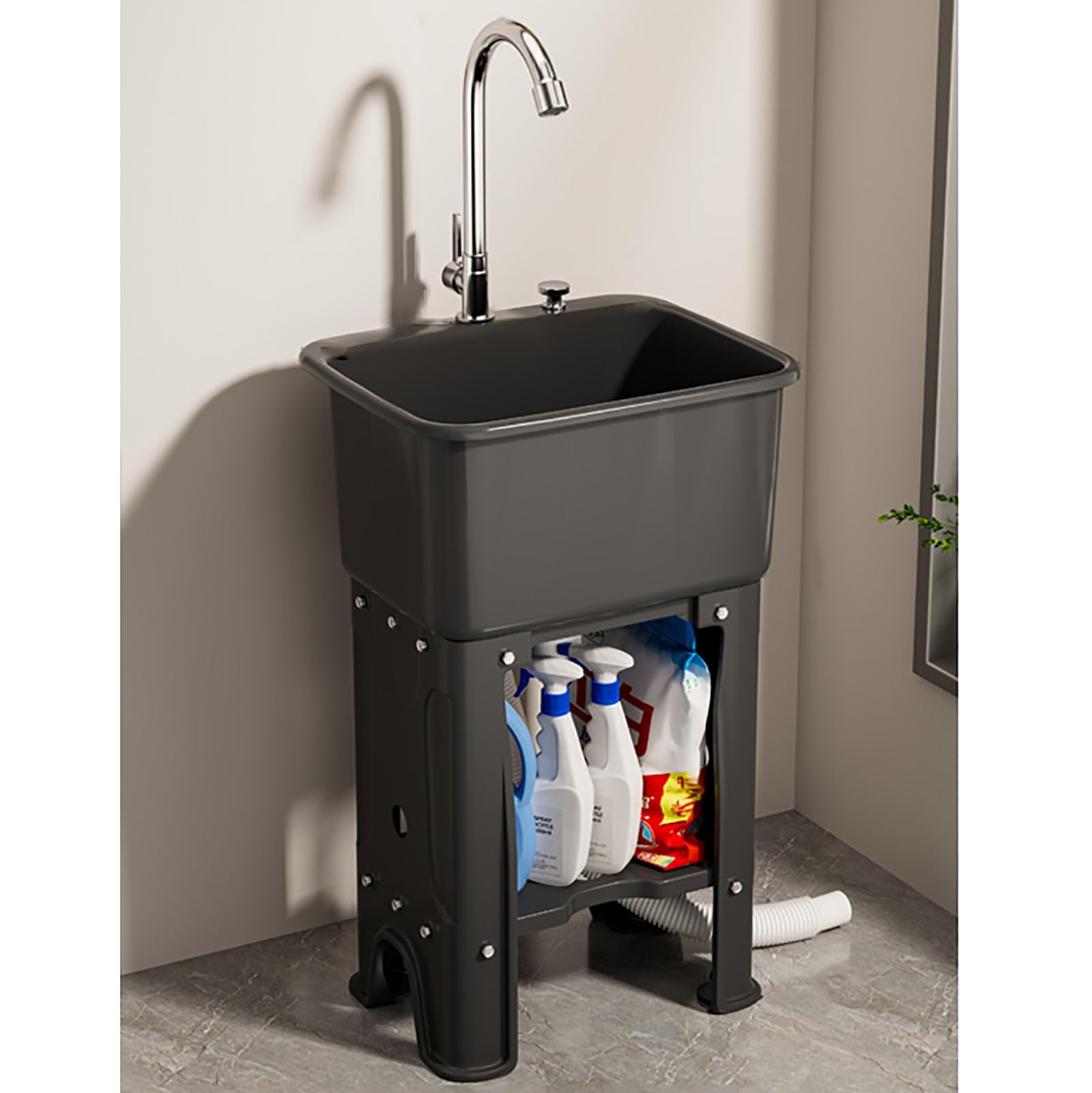ZQFHSX Utility Sink with Faucet and Storage Shelves for Commercial Laundry, Kitchen, Outdoor Use