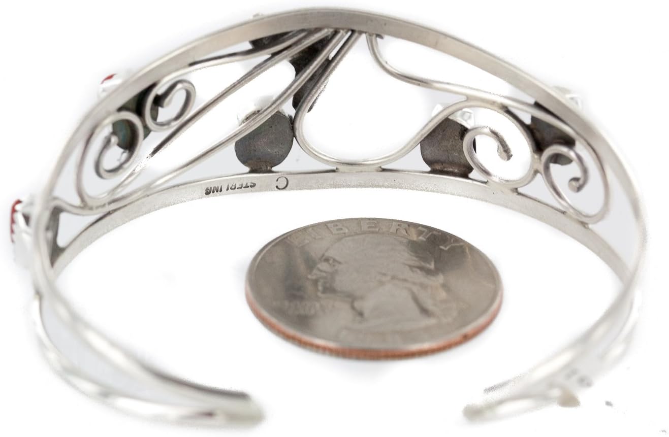 Handmade Certified Authentic Navajo .925 Sterling Silver Natural Coral Native American Bracelet
