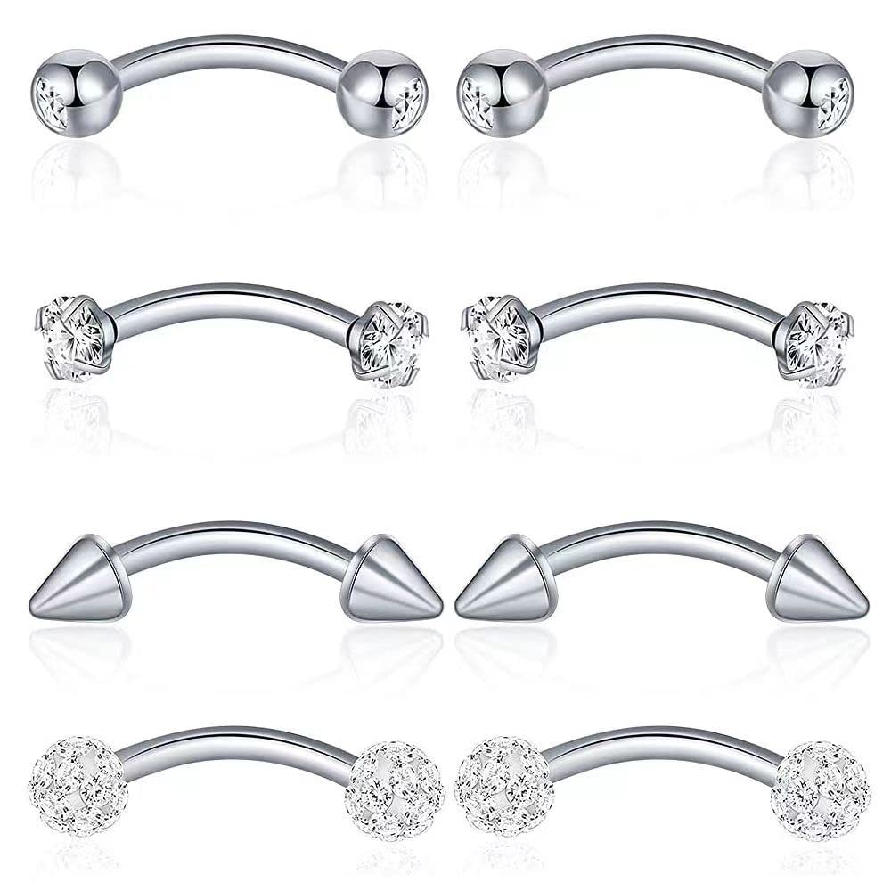Tomovely8 pcs Stainless Steel Rook Daith Earrings Belly Lip Ring Eyebrow Studs Cartilage Tragus Cubic Zirconia Barbell Body Piercing for Women Men
