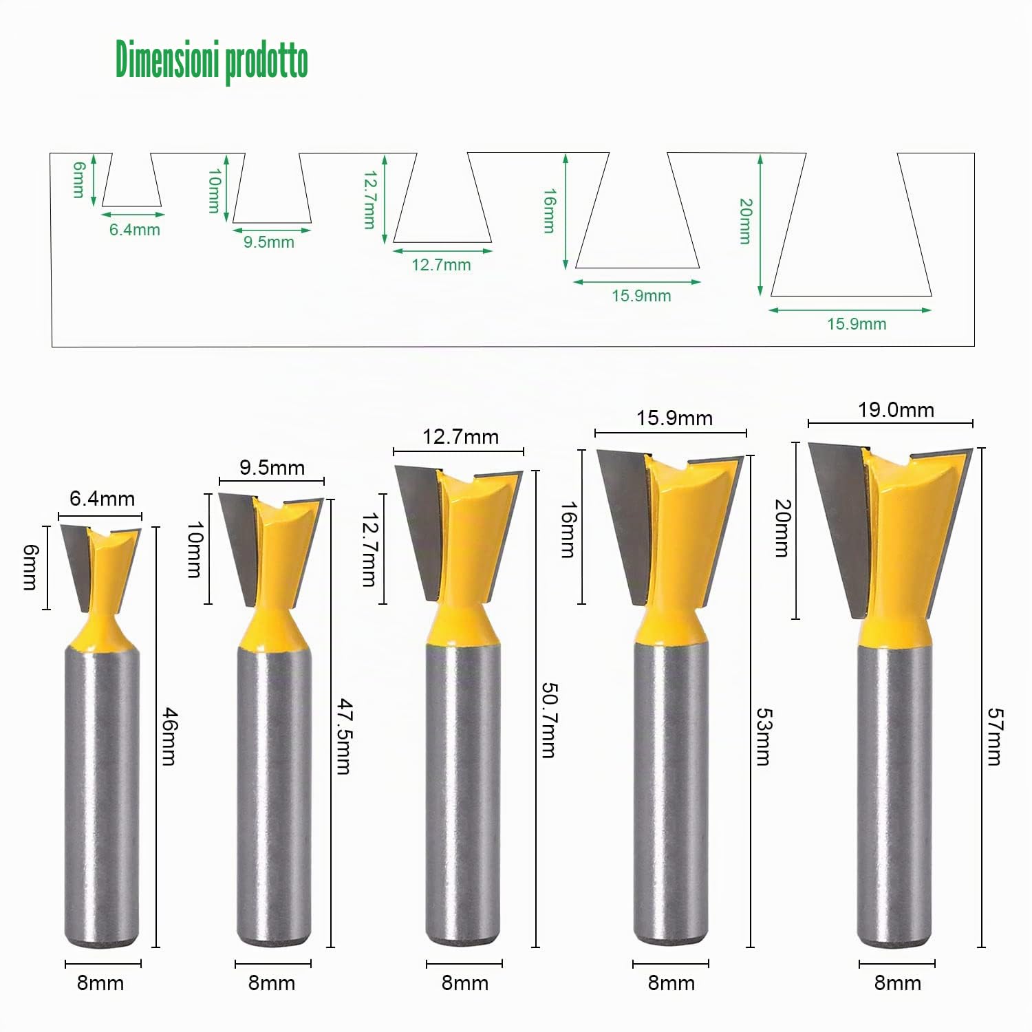 5 Pezzi Punta per Router a Coda di Rondine, Fresa per Legno Con Gambo da 8 mm, Frese Professionali per Fresatrice Verticale, per Lavorazione (1/4" 1/2" 3/8" 5/8" 3/4") (5)