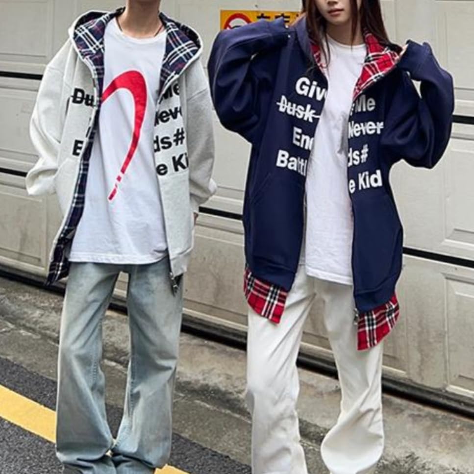 Unisex Full Zip Cardigan Hoodie Vintage Letter Graphic Oversized Fake Two Pieces Hoodie for Couple Streetwear4