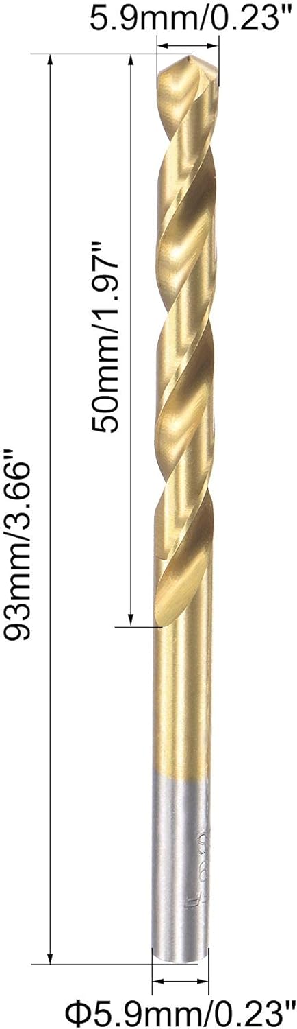 sourcing map High Speed Steel Straight Shank Twist Drill Bit Fully Ground Titanium Coated 5.9mm Drill Diameter 93mm Total Length 50mm Drill Bit Length 2 Pcs - Image 3