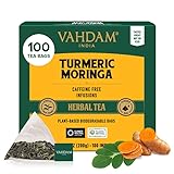 VAHDAM, Turmeric Moringa Tea Bags (100 Herbal Tea Bags) Caffeine Free, Non GMO | 100% Pure Herbal Blend - Sweet & Earthy | Resealable Ziplock Pouch
