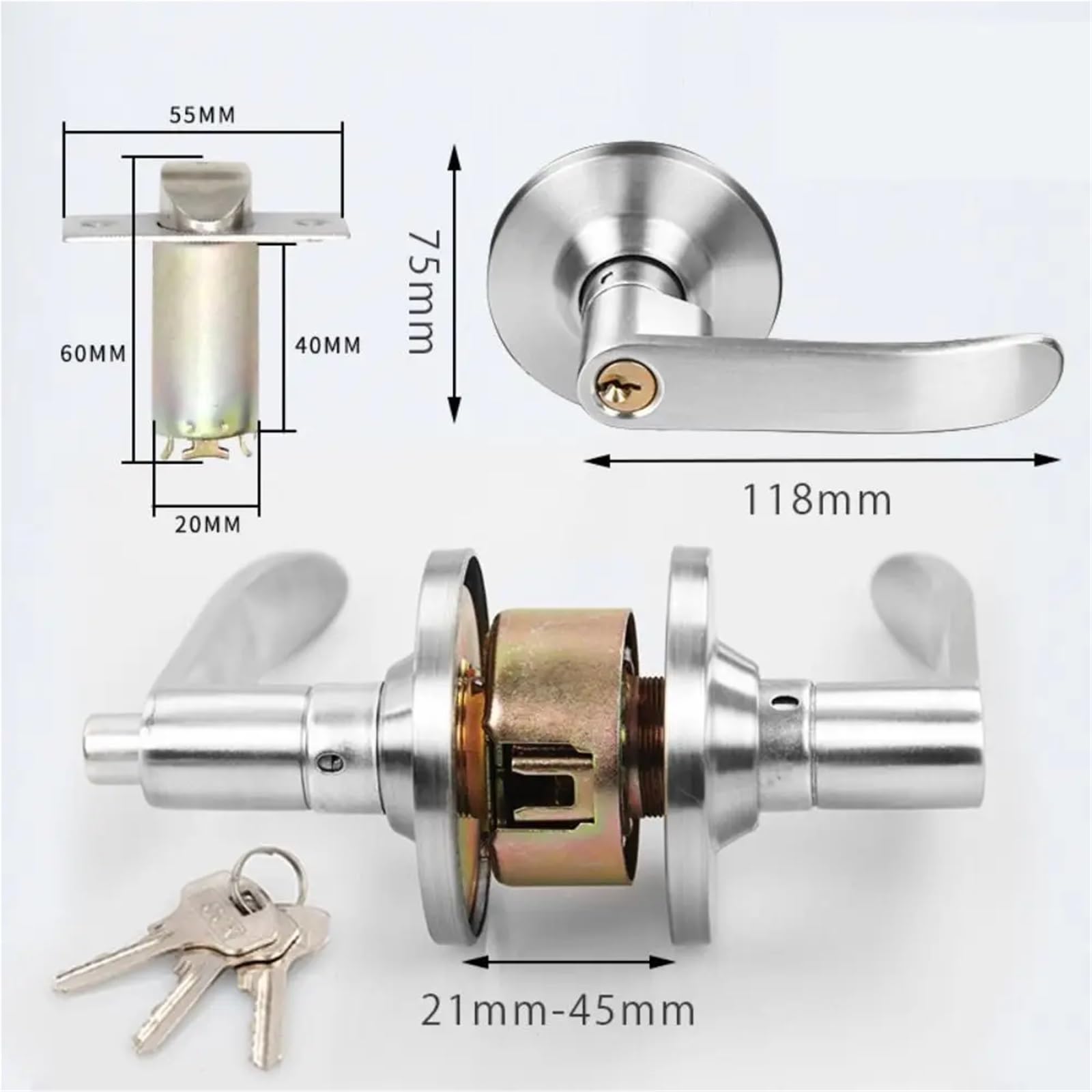 Manija De La Puerta Palanca de bloqueo de puerta Interior Reversible, manija de privacidad con acabado de latón satinado recto, fácil de instalar con borde redondo(Silver-70mm Keyless)