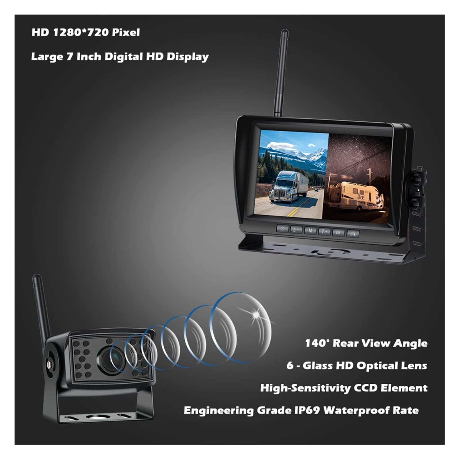 GPS pour Voiture, 2ch Ahd Camion sans Fil DVR Écran d'affichage de Voiture Moniteur 7" Ivre Vision Night Enregistreur Sauvegarde inversée Appareil Photo WiFi for Bus RV(Type2)