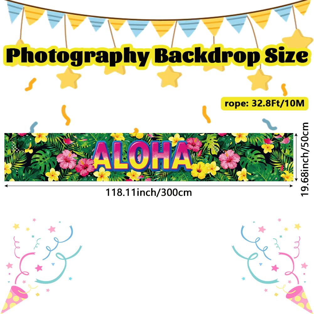 PRESSINART Hawaiian Aloha Party Banner Aloha Party Backdrop 118 x 19.7 Inch Tropical Plant Flower Pattern Polyester Yard Sign Background with 10M Rope for Outdoor or Indoor House Decorations Supplies - Image 2