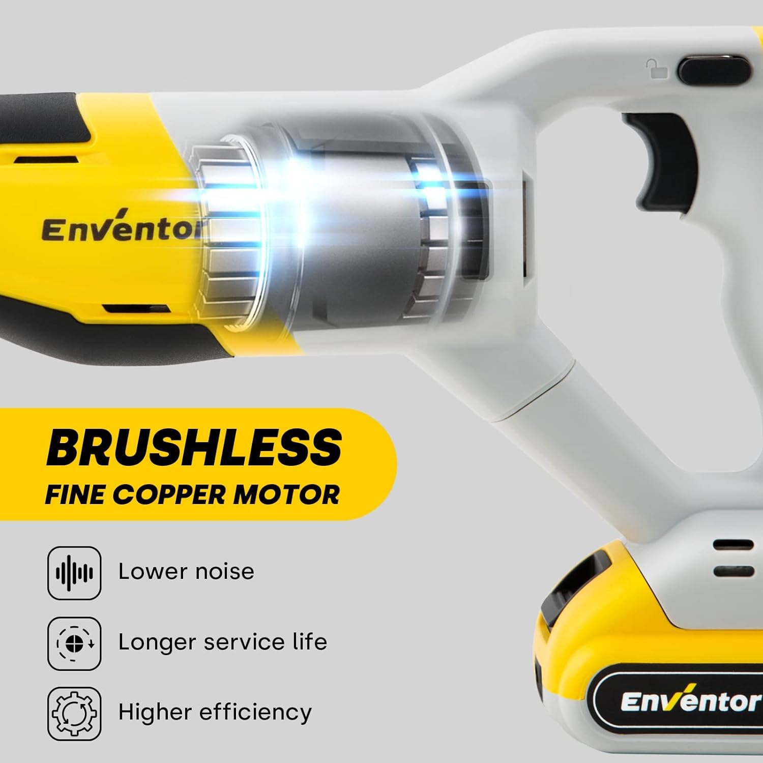Enventor 20V Brushless Sierra de Sable Batería, Sierra Alternativa Inalámbrica, 2 Baterías 2.0Ah, Velocidad Variable de 0-3000RPM, 5 Hojas de Sierra, Corta Madera, Metal, Plástic, Ramas