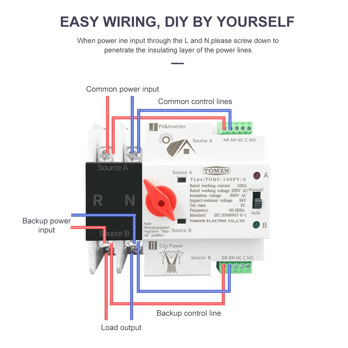 Interruttore Magnetotermico ATS su guida Din monofase for impianti fotovoltaici e inverter Selettori di trasferimento automatico a doppia alimentazione Ininterrotto 2P 63A 100A 125A Interruttore Magne