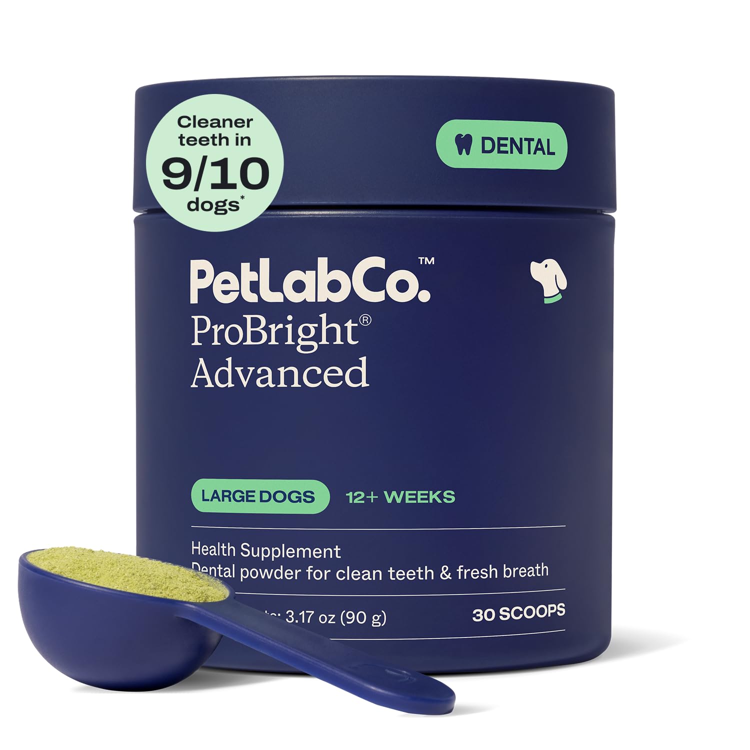 PetLab Co. ProBright Advanced Dental Powder - Dog Breath Freshener - Teeth Cleaning Made Easy – Targets Tartar & Bad Breath - Packaging May Vary - Formulated for Large Dogs