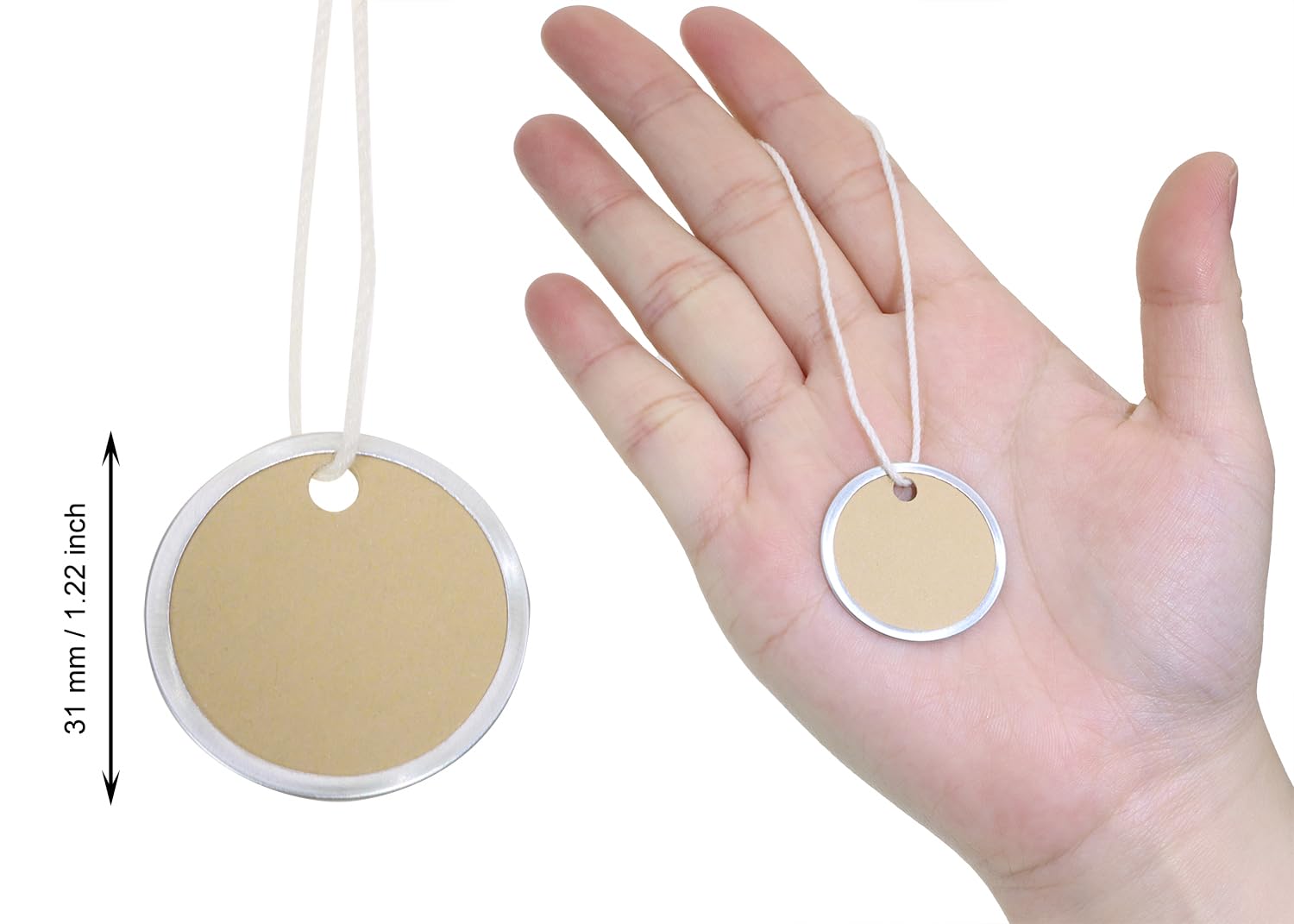 ONLYKXY Lot de 50 étiquettes vierges rondes avec ficelle en métal pour prix, cadeaux, bijoux, vêtements, vente de cour, fournitures de garage, étiquettes à suspendre (kraft, 3,1 cm)