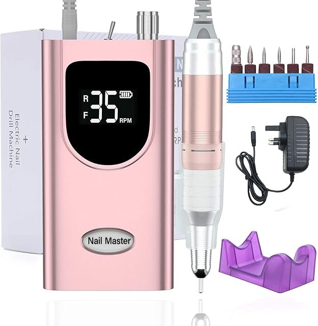 Delanie Nail Drill, 35000 RPM Electric Nail Files Rechargeable Portable E File Kit with 6 Drill Bits for Acrylic Nails and Gel Nails,UK Plug(Pink)
