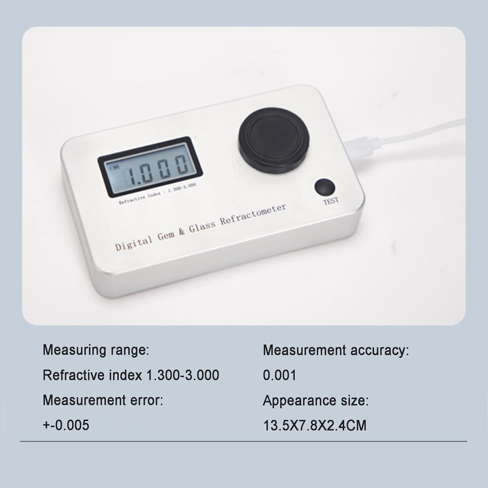 Refractómetro portátil de piedras preciosas con retroiluminación LCD grande, precisión de 0.001, índice de refracción 1.300-3.000, error ± 0.005 para una identificación rápida de joyas