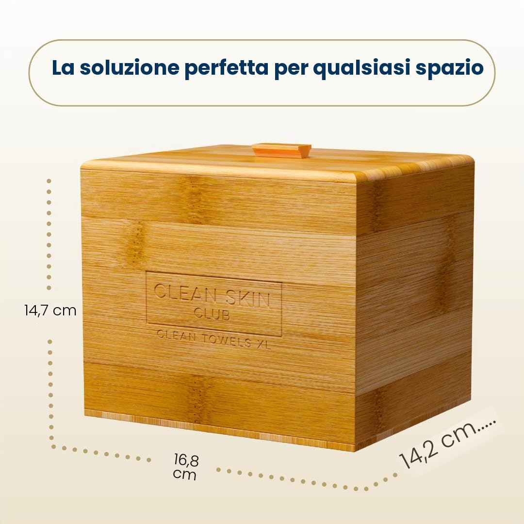 Clean Skin Club Contenitore Luxe Bamboo con coperchio, include 50 asciugamani monouso Clean Towels XL Original