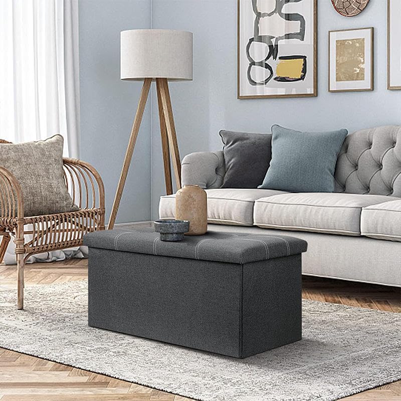 Image of Storage Bench Folding Ottoman Foot Rest Stool, 76 * 38 * 38 cm Grey Linen Footstool, Short Ottoman Bench, Foot Rest Store as Books, and Blanket Storage or Others