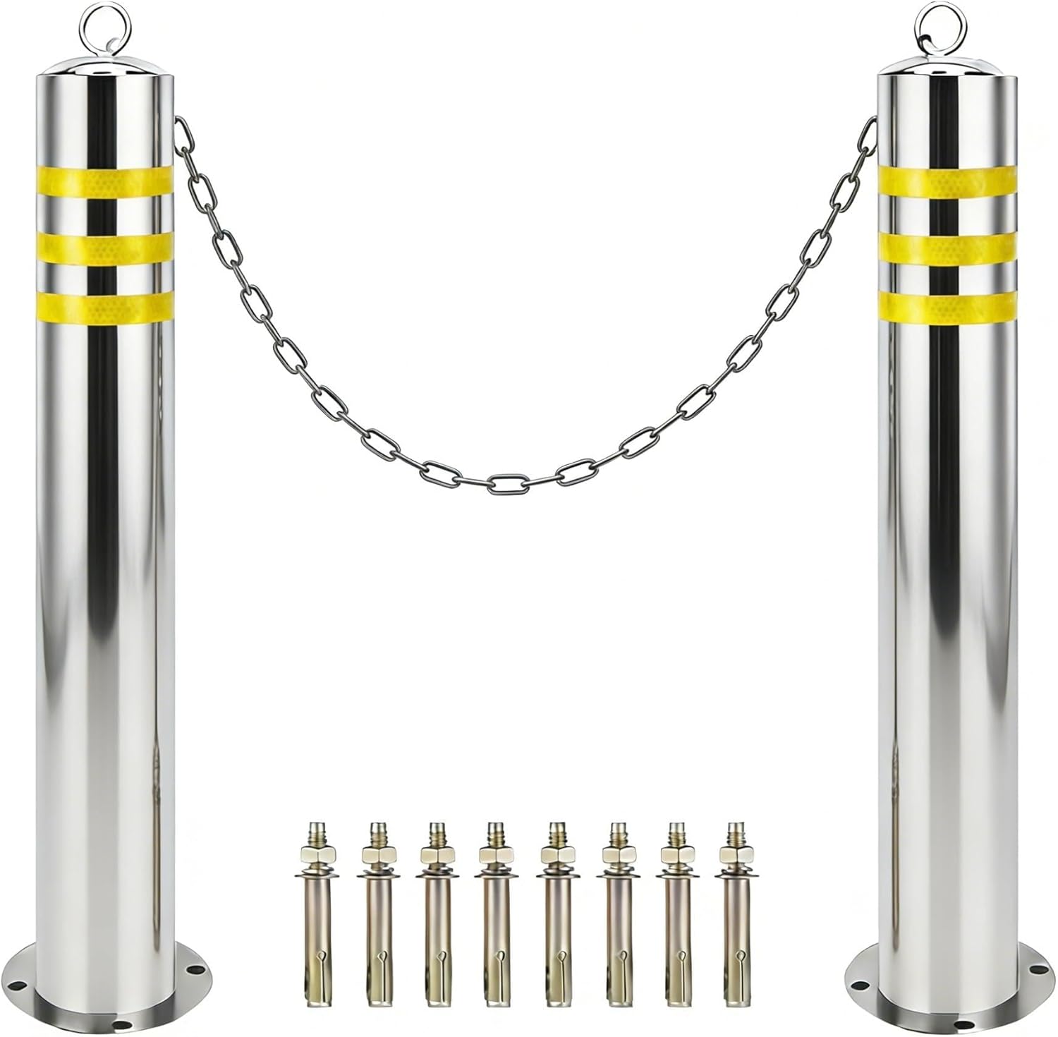 304 Stainless Steel Safety Bollard, Equipped with A 1m Chain and Reflective Strip, 23.6/29.5/39.3in High Parking Barrier(75x16.5cm/29.5x5.9in)