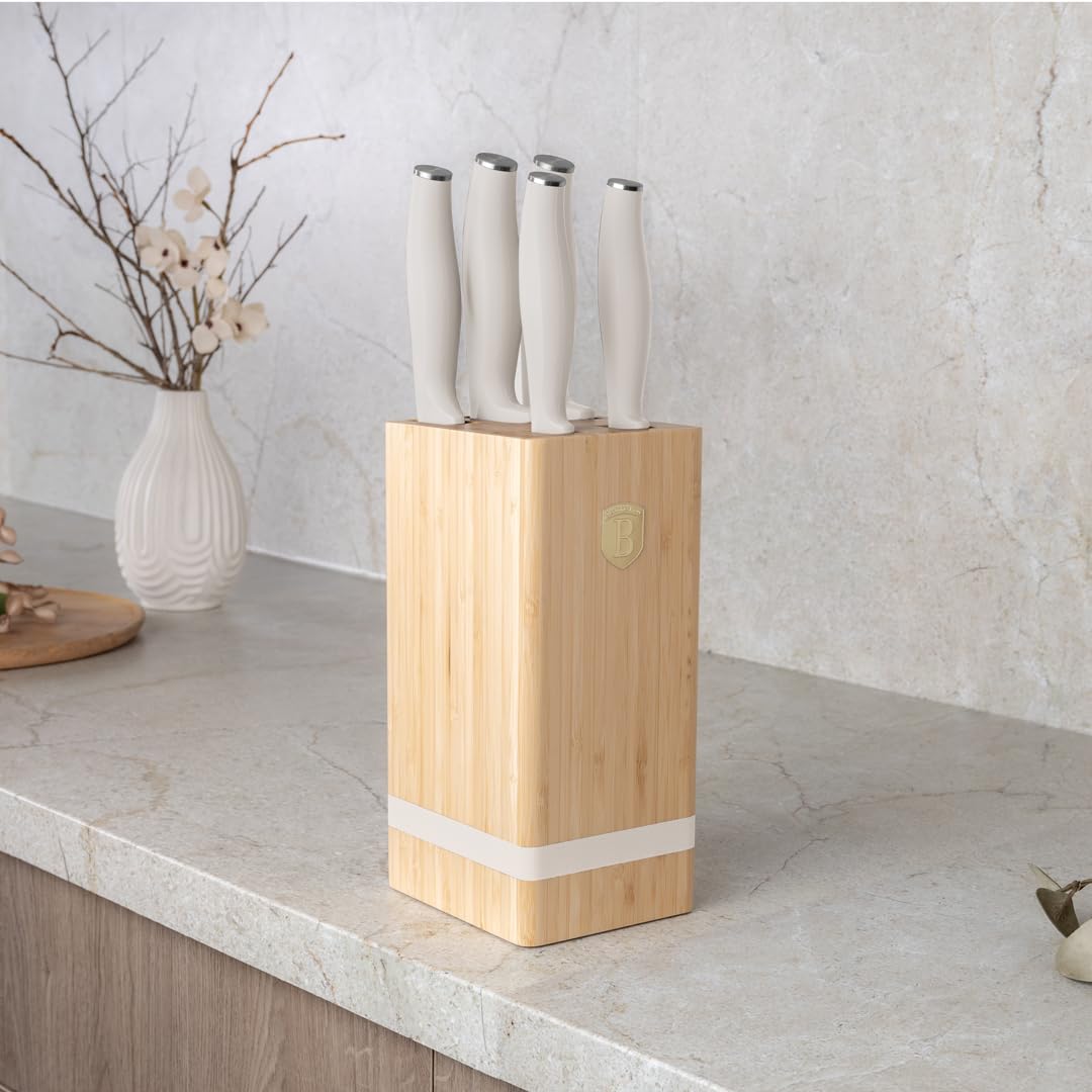 Berlinger Haus Lot de 6 couteaux en acier trempé inoxydable 3cr13 avec support en bambou/crème mat/collection Sahara