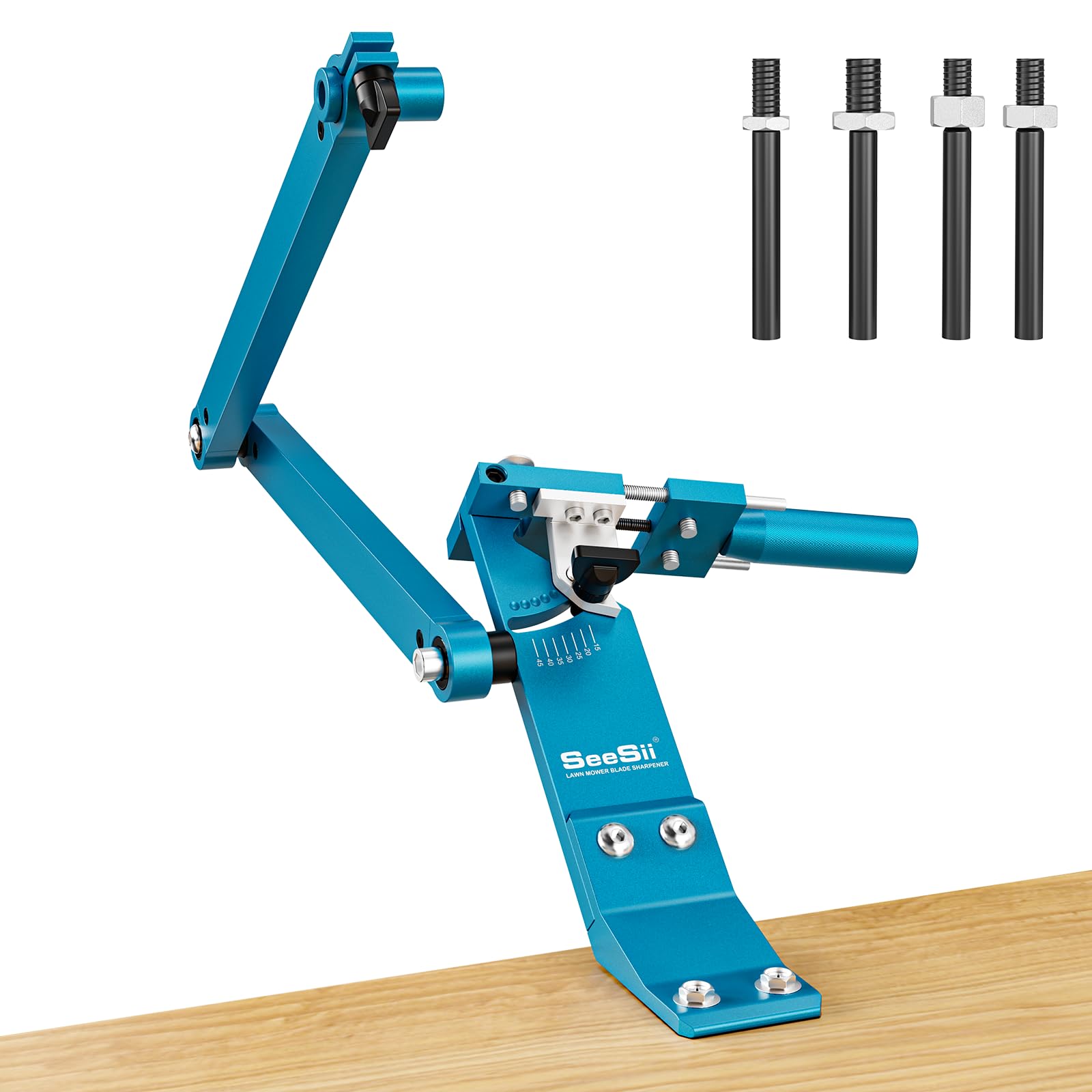 Seesii Lawn Mower Blade Sharpener Jig, Adjustable 15°-45°Sharpening Tool for Straight & Standard Lawnmower Blades, Mower Blade Sharpening Frame w/ 4 Adapter Pin for Different Grinder (Blue, LMB05S)