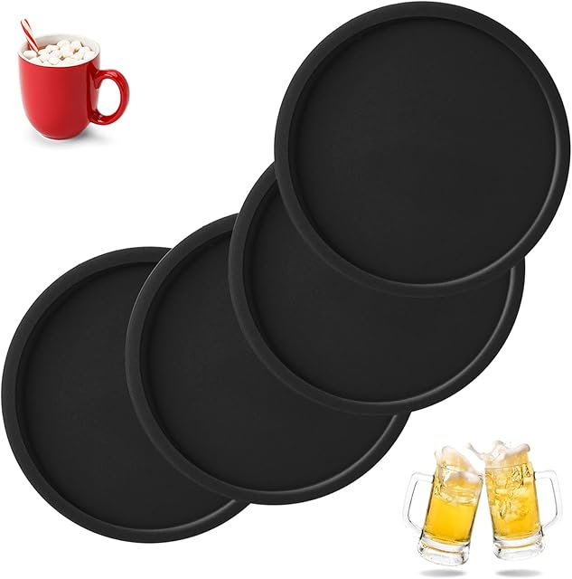 Dacitiery Set of 4 Drink Coasters,Silicone Coasters Non-Slip Cup Mats,Suitable for Cold Drinks, Hot Drinks, Coffee Cups And Other Beverage Coasters(Black)
