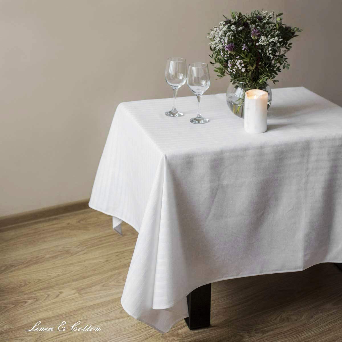 Linen & Cotton Mantel de Tela Jacquard Elegante Jasmine a Rayas - 48% Lino, 52% Algodón, Blanco (140 x 220 cm) Paño de Mesa Rectangular para Boda Recepciones Cumpleaños Banquete Restaurante Cena