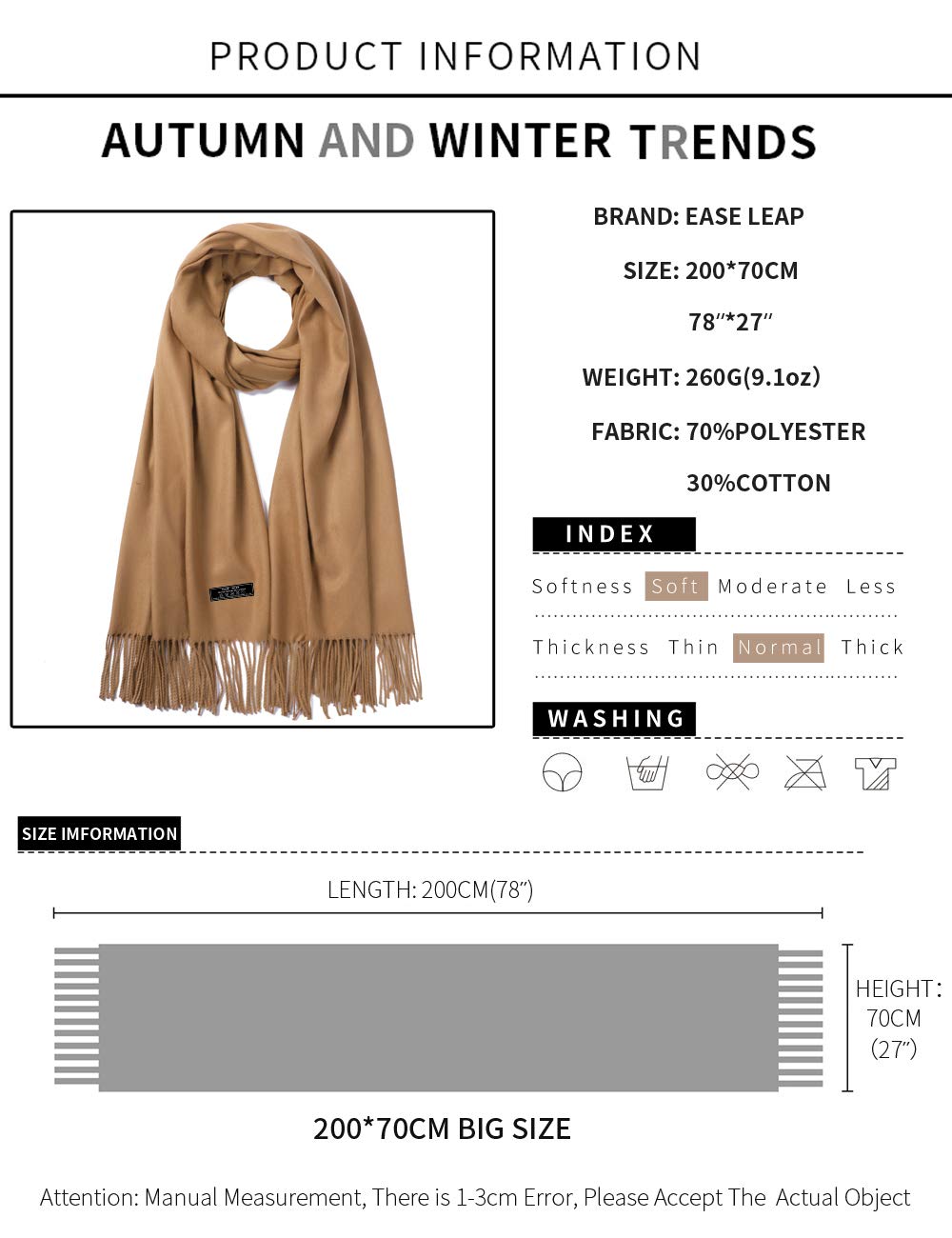 EASE LEAP Sciarpa Donna Pashmina Calda Lungo Invernale Trama Stile Elegante Di Soft 200 * 70cm