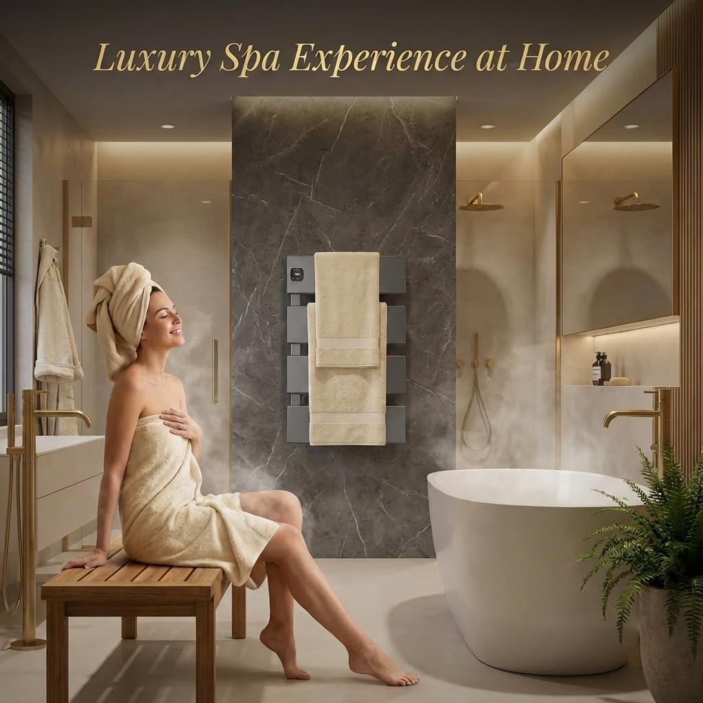 Electric Towel Warmer, Heated Towel Rack with Thermo Control and Timer, Fast Heating Towel Rail for Bathroom with Memroy Function, Work with Smart Plug, Left-Wiring, 3 Panel, Gun Gray