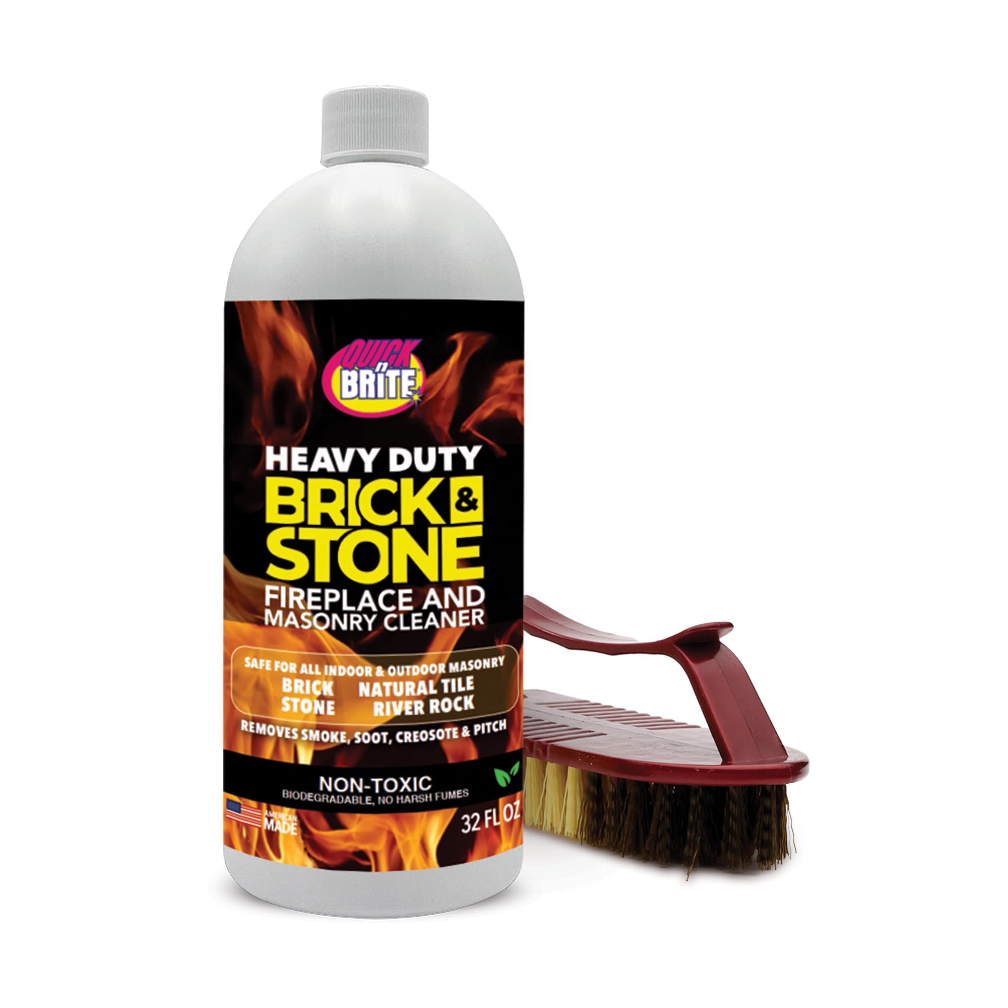 Quick'n Brite Fireplace Brick and Stone Cleaner 32oz with Scrub Brush - Natural Stone, Tile, and Marble Cleaner - Indoor Fireplace and Wood Stove