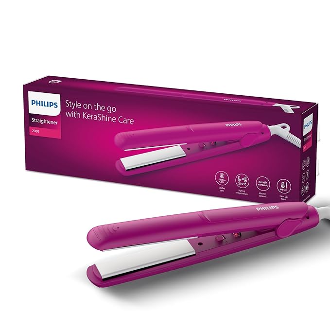 Philips India's No.1 Hair Styling Brand Hair Straightener, Long-Lasting Salon like Results, Frizz Control,Shine, Ceramic Plates Even Heat 200°C, Narrow Plates for Precision, For Indian Hair, BHS252