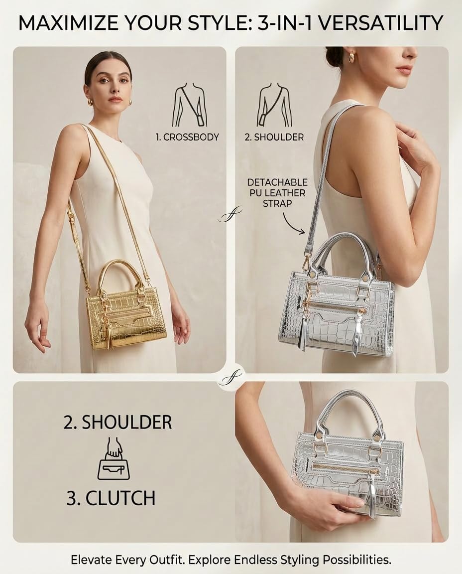 Small Metallic Crossbody Purse Bag for Women, Y2K Crocodile Mini Handbag with Sturdy Strap for Concert Evening Party