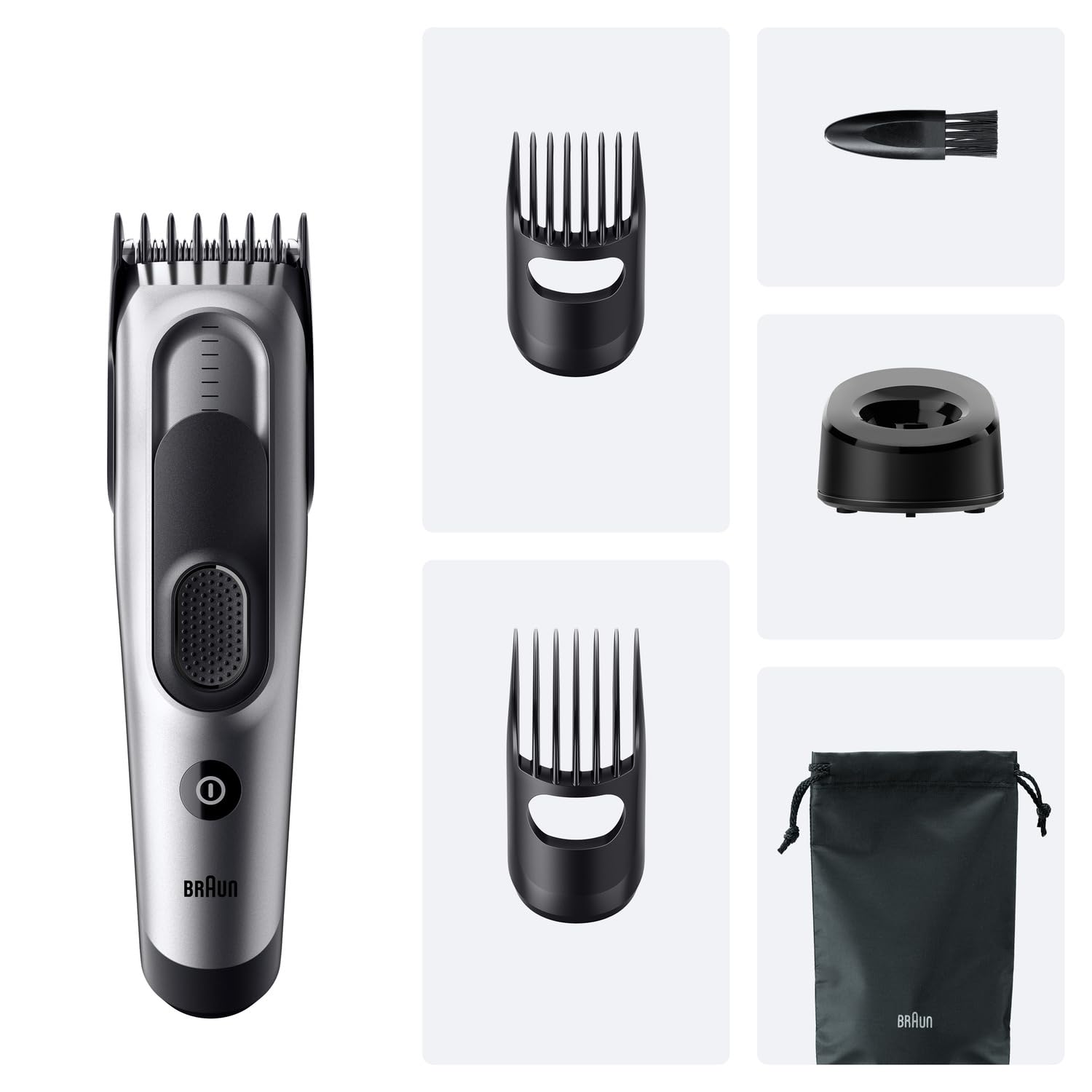 Braun Tondeuse Electrique Homme, à Cheveux, Series 5 HC7590, Grise | Lavable, sans Fil, Batterie Rechargeable, Coffret avec 2 Sabots et 17 Longueurs, Lames Affutées