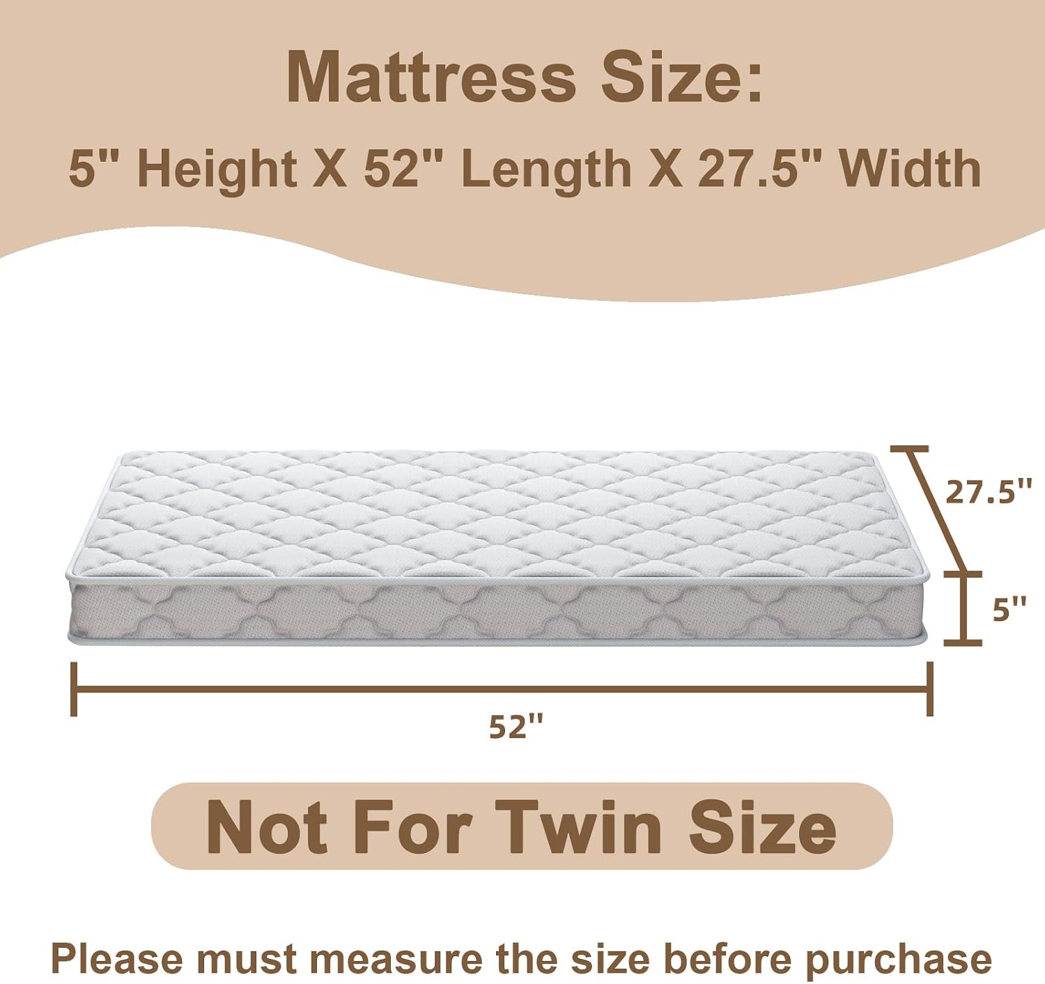 52x27.5 Premium Mattress, NOT for Twin/Twin XL/Full Size Bed,100% Knitted Fabric, 5" Thick Firm Soft High Density Foam Mattress, Odorless and Steady, Edge Reinforced, Pure White