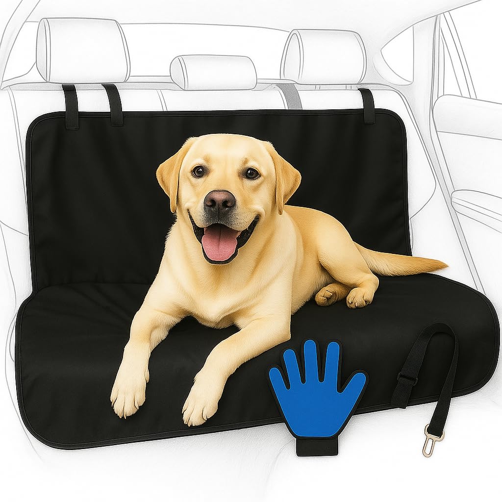 Funda Coche Perro 144x144cm con Cinturón de Seguridad y Manopla Cepillo – Protector Impermeable Asiento Trasero Antideslizante – Kit Completo para Viajar con tu Mascota