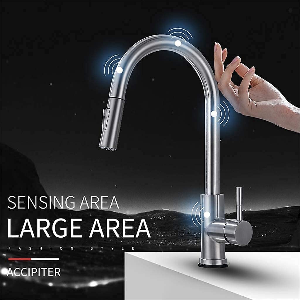 Grifos de cocina con sensor negro extraíble, grifo mixto de inducción inteligente de acero inoxidable, grifo para fregadero con control táctil (color: Cromo) wisdom