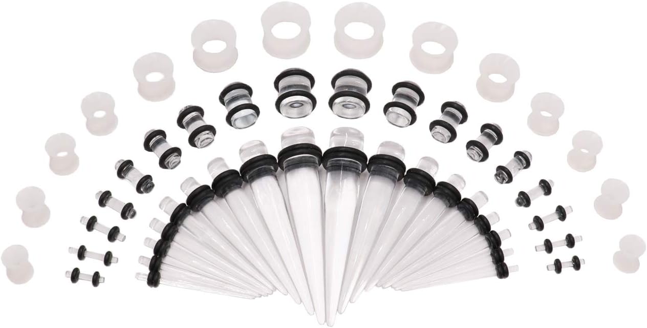 50PCS Ear Gauge Stretching Kit - 14G-00G Acrylic Tapers and Plugs + Silicone Tunnels Set Eyelets Body Piercing Jewelry
