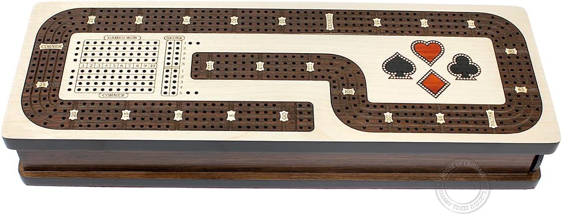 House of Cribbage - Continuous Cribbage Board Hook Design 4 Tracks - Drawer Storage for Cards & Pegs with Skunks, Corners and Score Marking Fields - Maple Wood/Rosewood