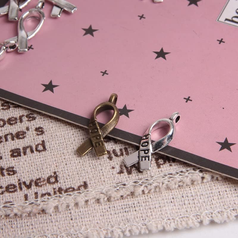 Wixine 200Pcs Hope Breast Cancer Ribbon Awareness Charms Hope Ribbon Pendants Antiqued Silver Tone 7 x 15 mm Making DIY Handmade Accessories Craft - Image 3