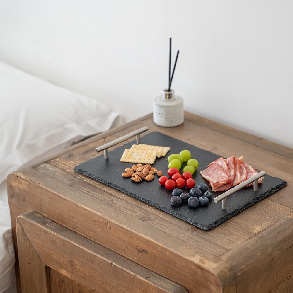 WLWNWFT Bandeja de pizarra con asas de 38 x 25 cm, con rotulador de tiza, ideal para servir, pizarra natural, gran bandeja para queso, salchichas