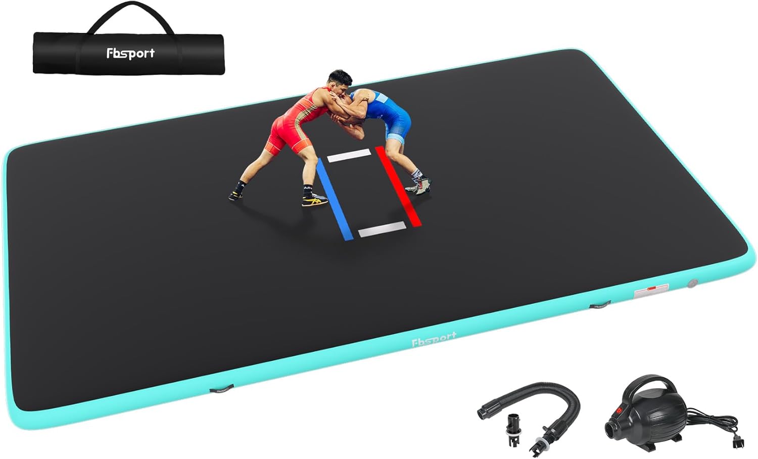 FBSPORT Inflatable Wrestling Mat 13ft /10ft /5ft, Outdoor and Indoor PVC Jiu Jitsu Mats, Gymnastics Training Mat Foldable for BJJ, MMA, Martial Art, Boxing, Grappling and Judo 5FT*10FT*3.94inch Black Teal